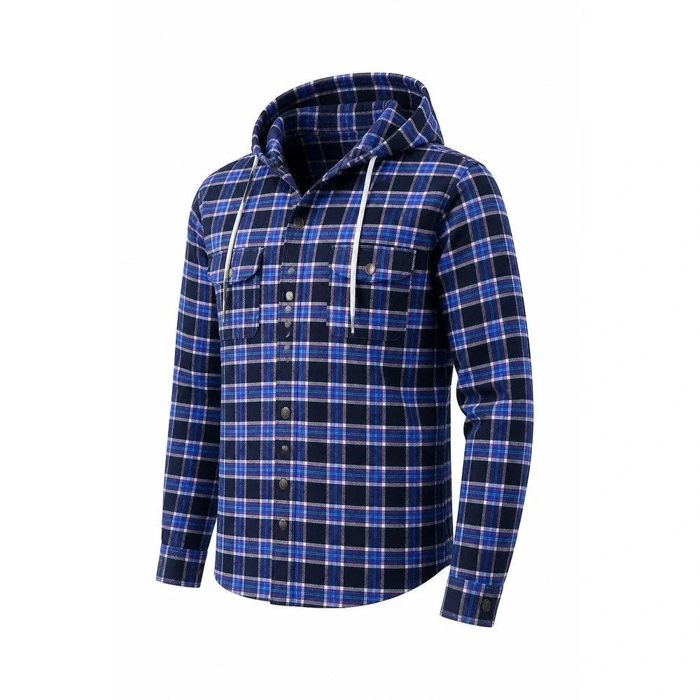 BoohooMAN Shacket Mens M Plaid Sherpa Lined Hooded Flannel Jacket Blue Black